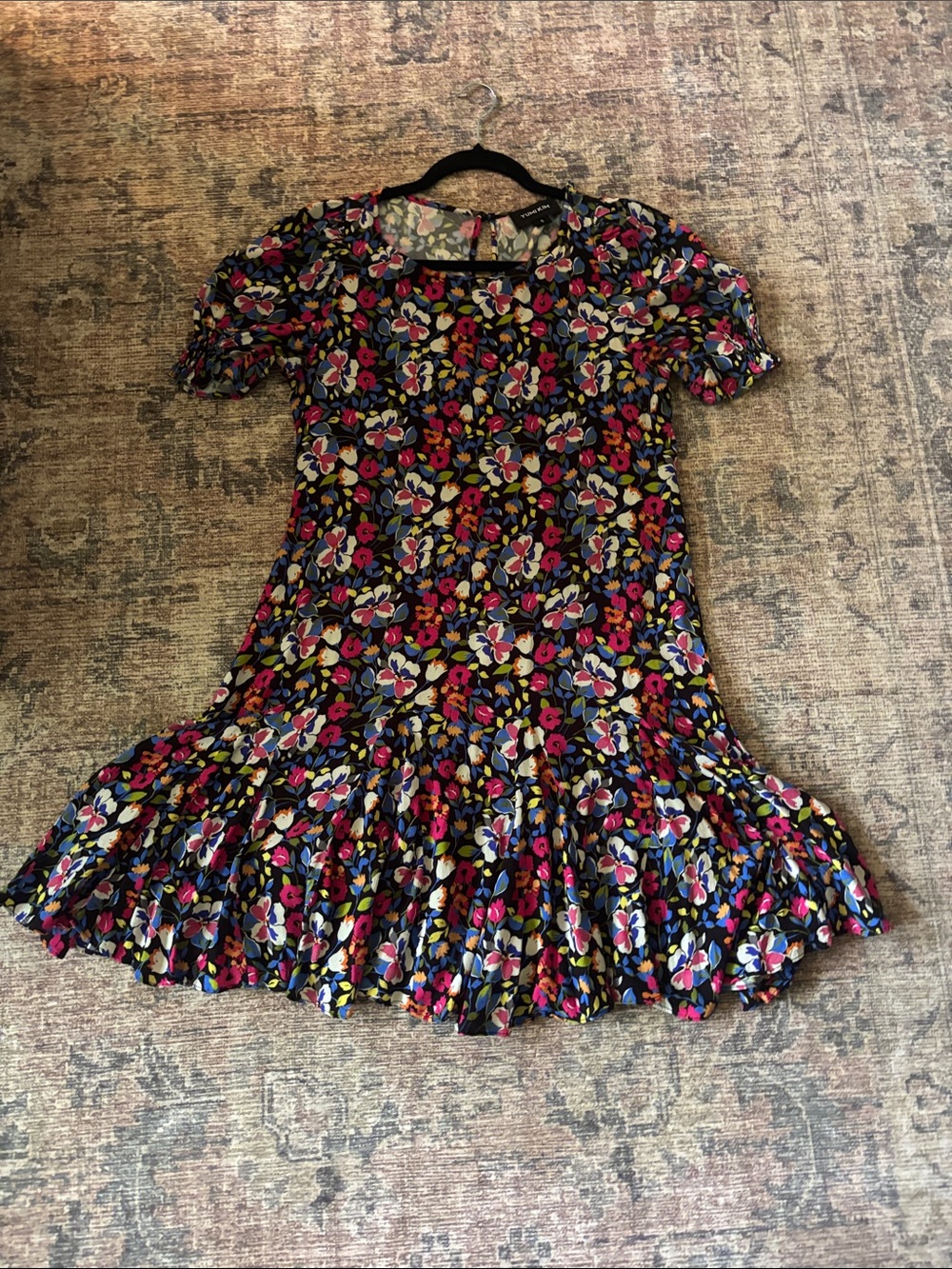 Yumi Kim Black Floral Mini Dress with Pink & Yellow Accents